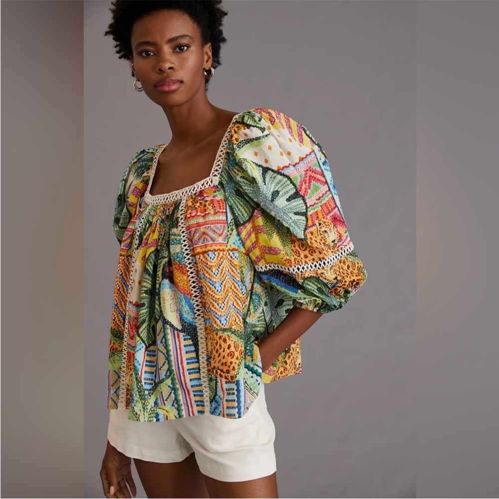 FARM Rio by Anthropologie Multicolor Lace Inset Puff Sleeve Blouse, EUC, XL